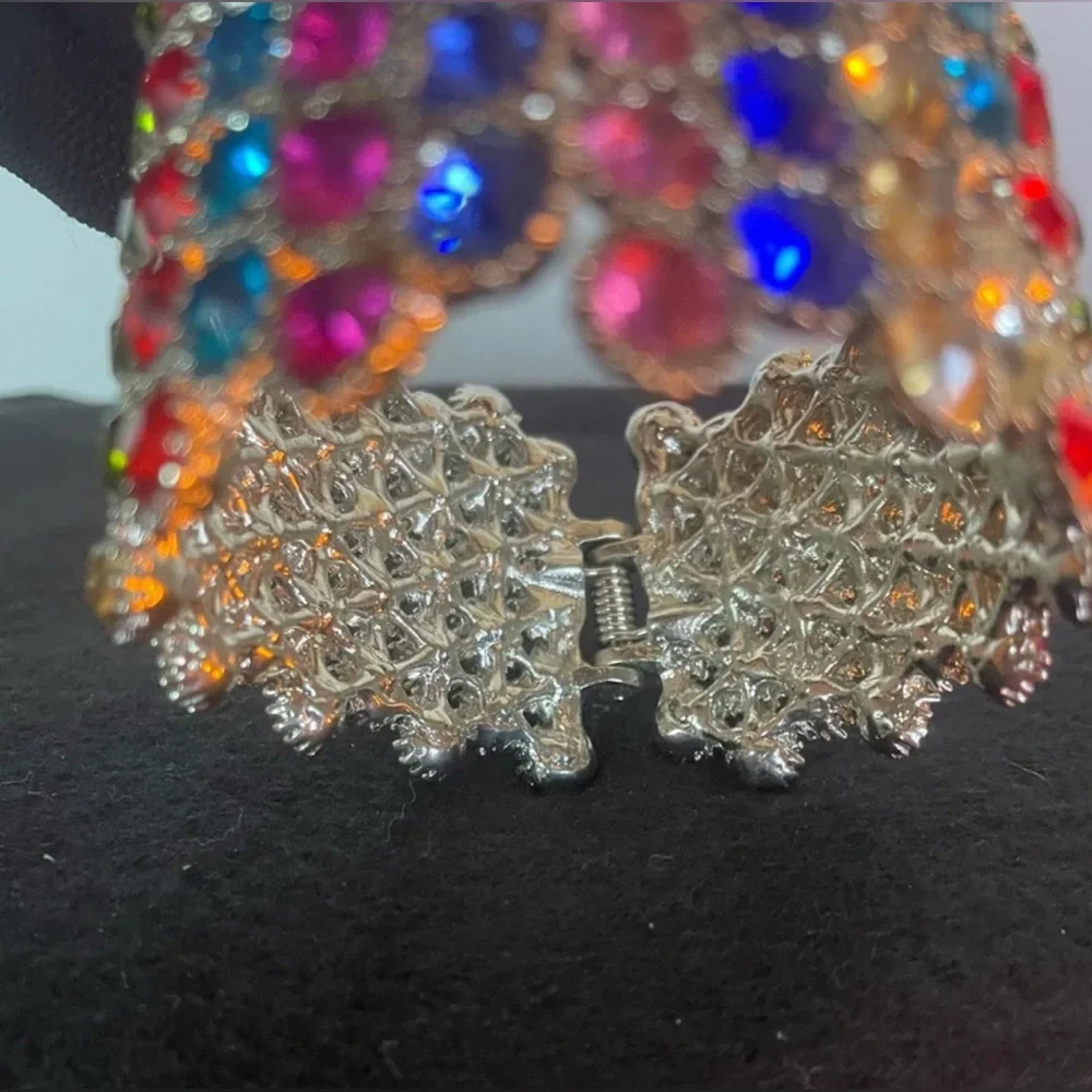 Wide Spring-Hinged Rhinestone Bangle Bracelet Muliti-Color Bling Colorful